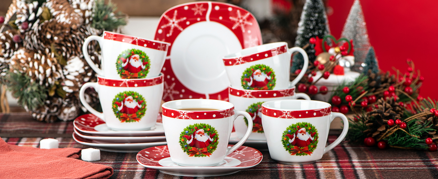 Porcelain Christmas Espresso Cups and Saucers Set