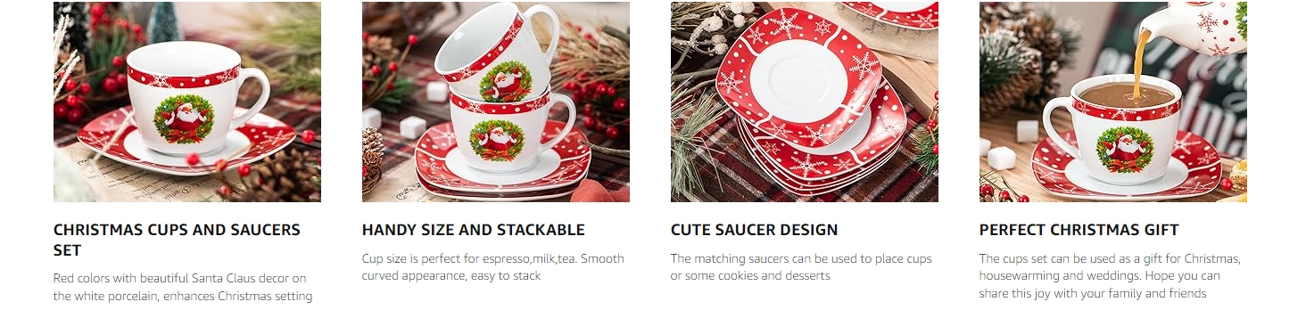 Porcelain Christmas Espresso Cups and Saucers Set