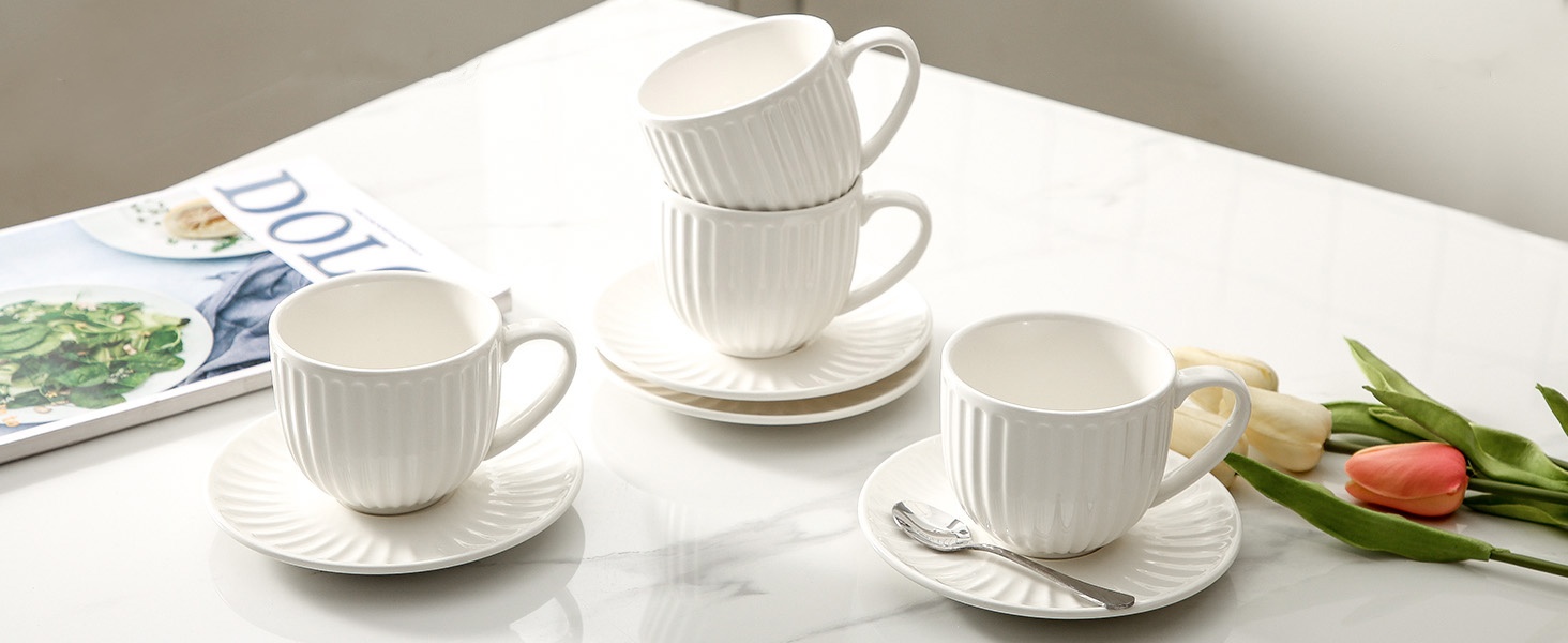 Ceramic Large Cappuccino Latte Cups and Saucers