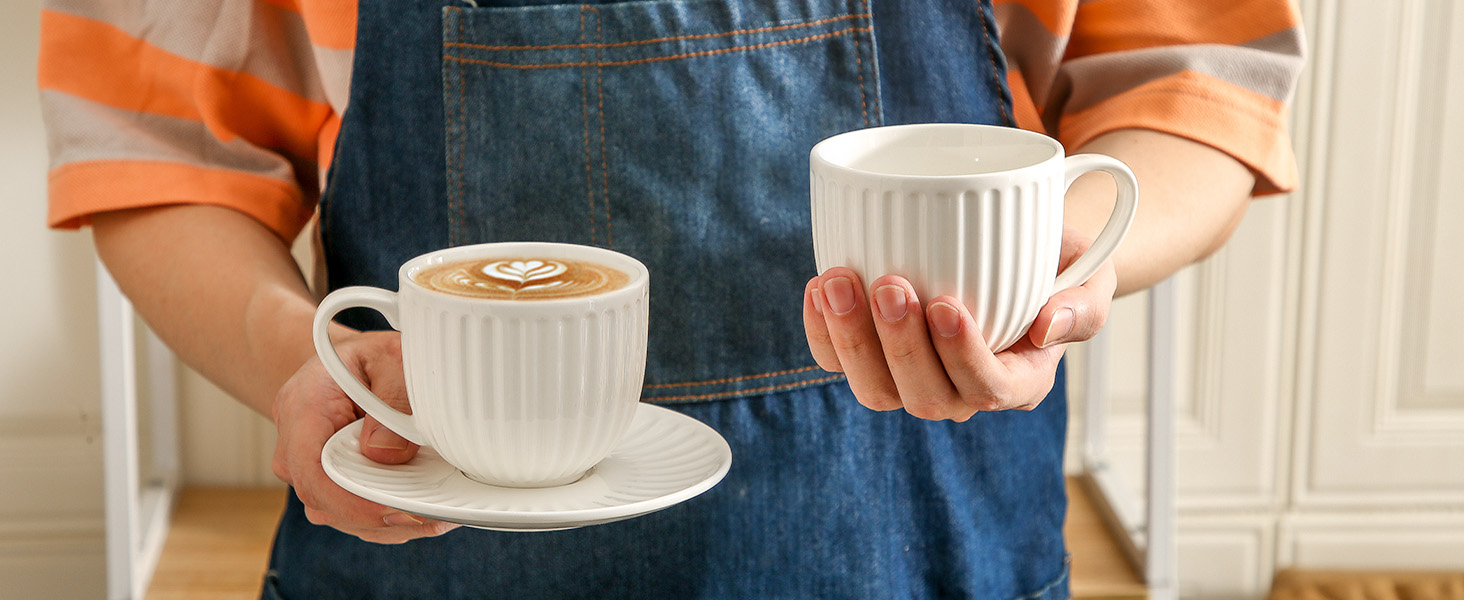 Ceramic Large Cappuccino Latte Cups and Saucers