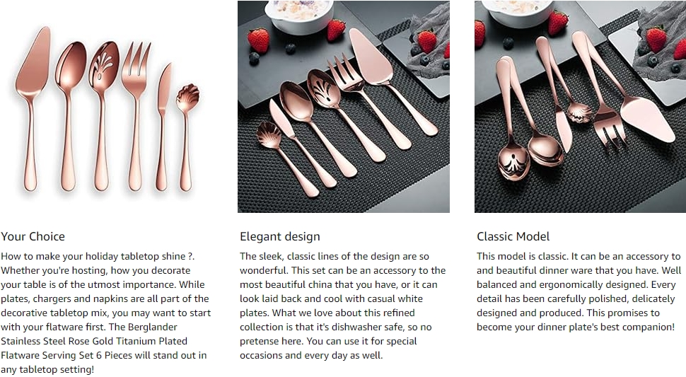 Stainless Steel Rose Gold Titanium Plated Flatware Serving