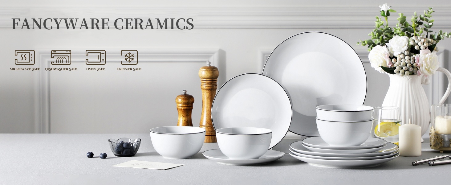 Modern White Porcelain Dinnerware Set with Black Rim