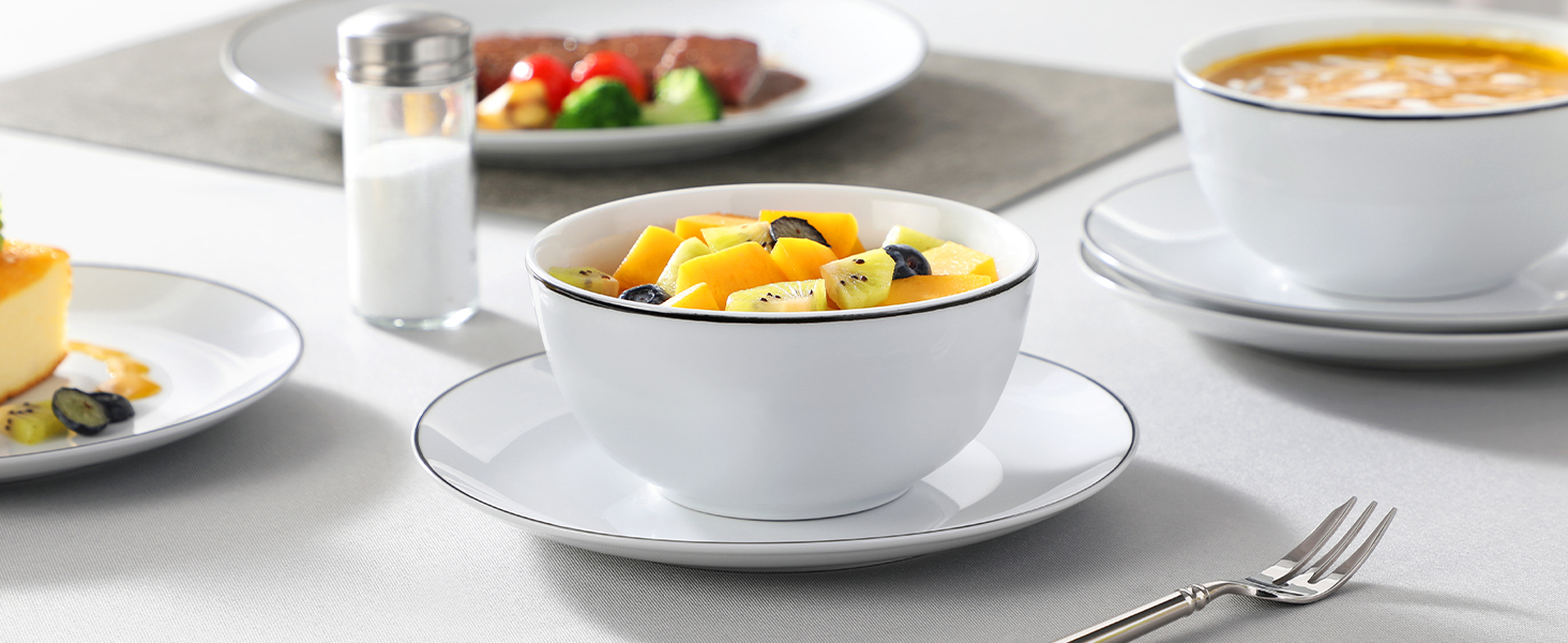 Modern White Porcelain Dinnerware Set with Black Rim