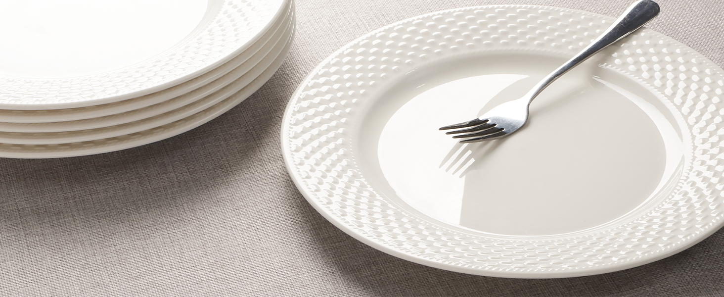 White Embossed Ceramic Dinner Plate