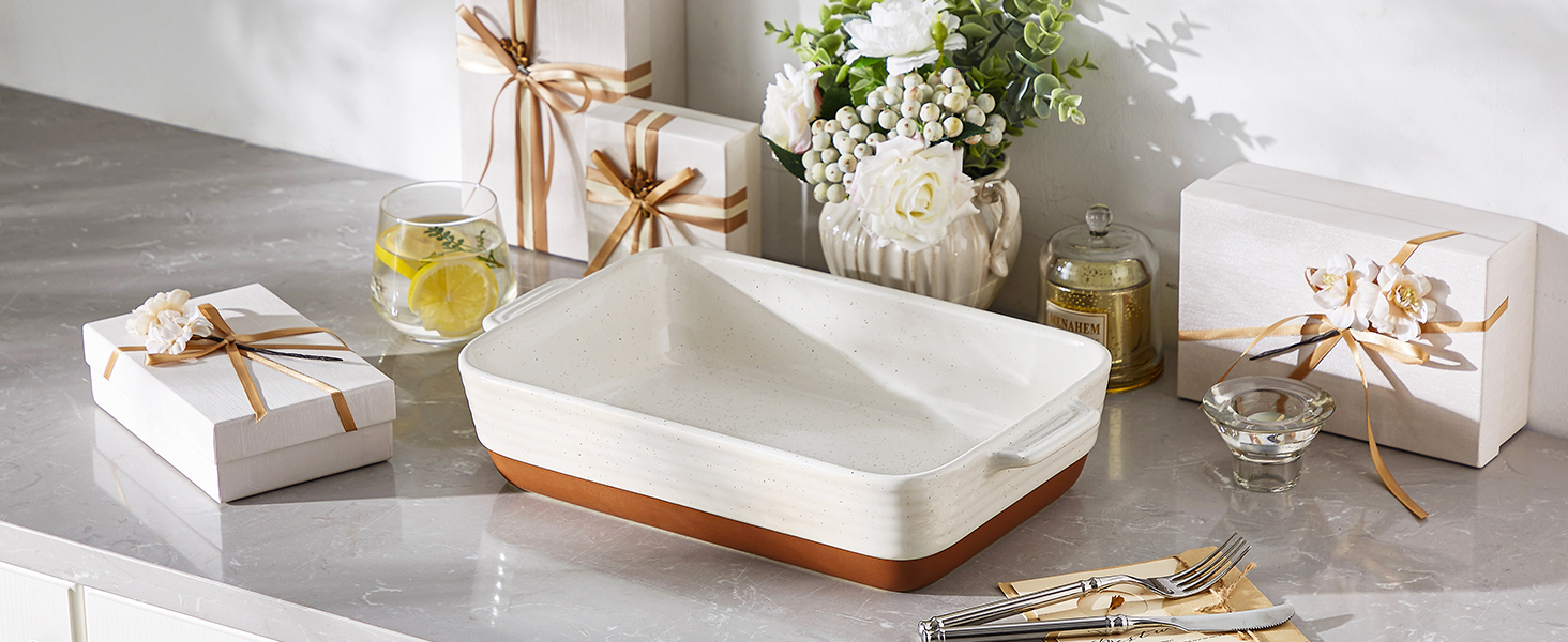 Deep Rectangular Ceramic Baking Dish with Handles