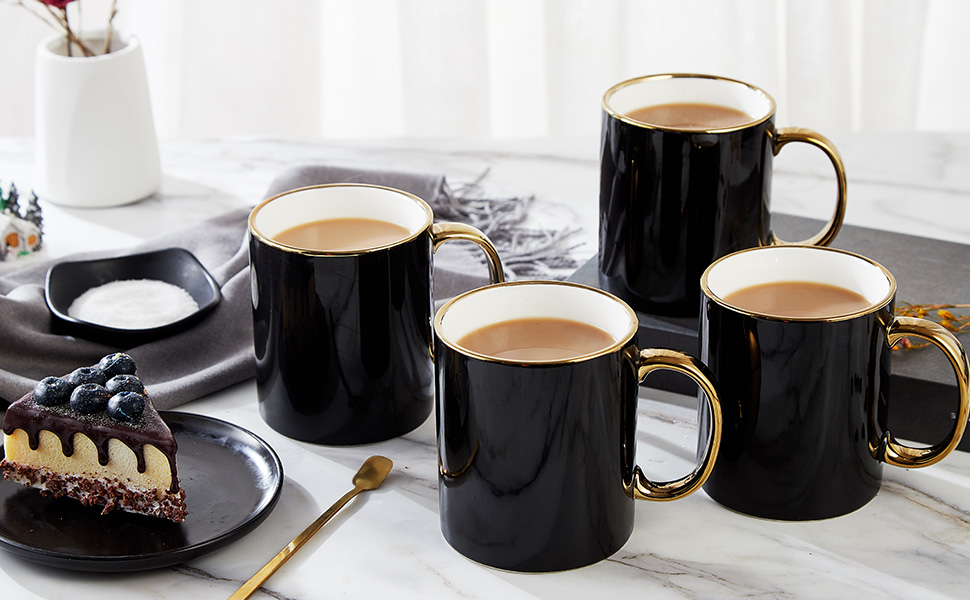 Black Coffee Mug with Handcrafted Golden Handle