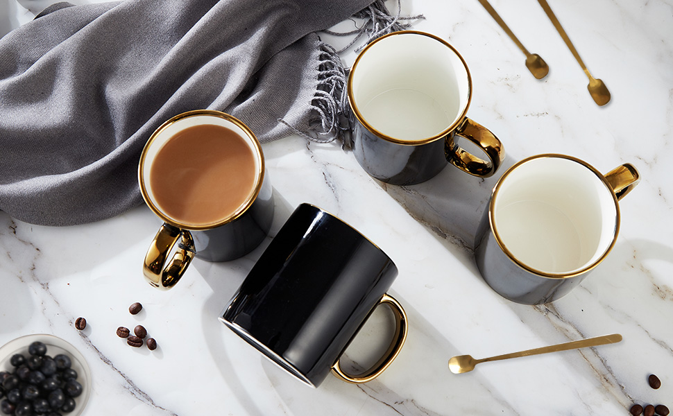 Black Coffee Mug with Handcrafted Golden Handle