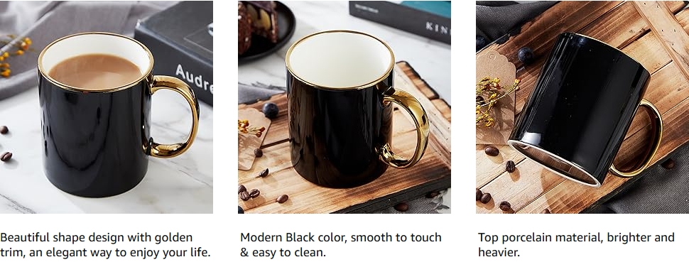 Black Coffee Mug with Handcrafted Golden Handle