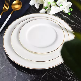 White Ceramic Round Dinner Plates with Golden Rim