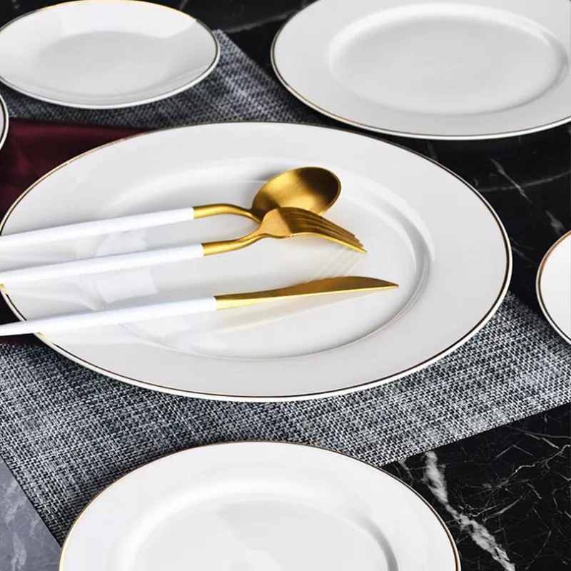 White Ceramic Round Dinner Plates with Golden Rim