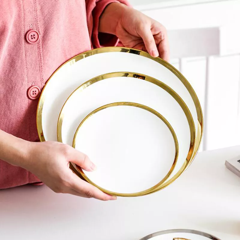 Luxury fine porcelain plates gold rim white ceramic plate