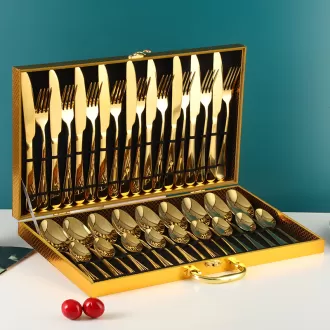 Stainless Steel Knife Fork Spoon 36pcs 48pcs Gift Golden Wooden Box Set