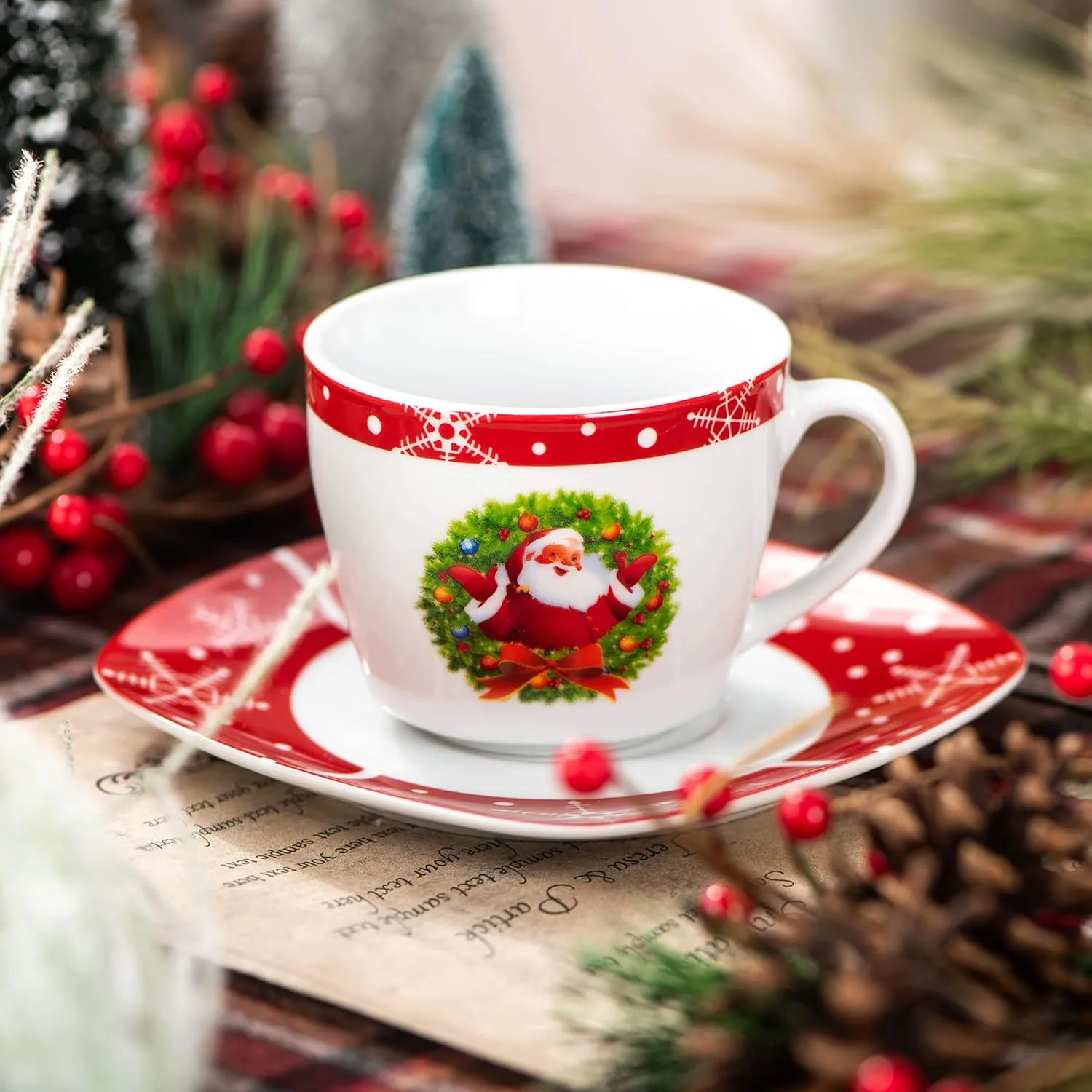 Porcelain Christmas Espresso Cups and Saucers Set