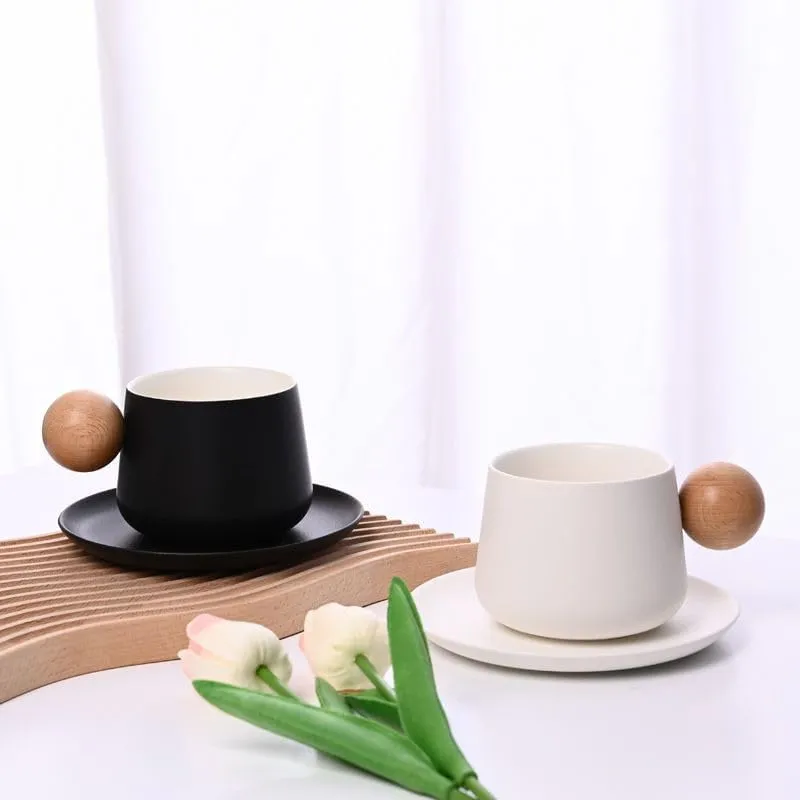 Creative Ceramic Coffee Mug with Round Wooden Handle