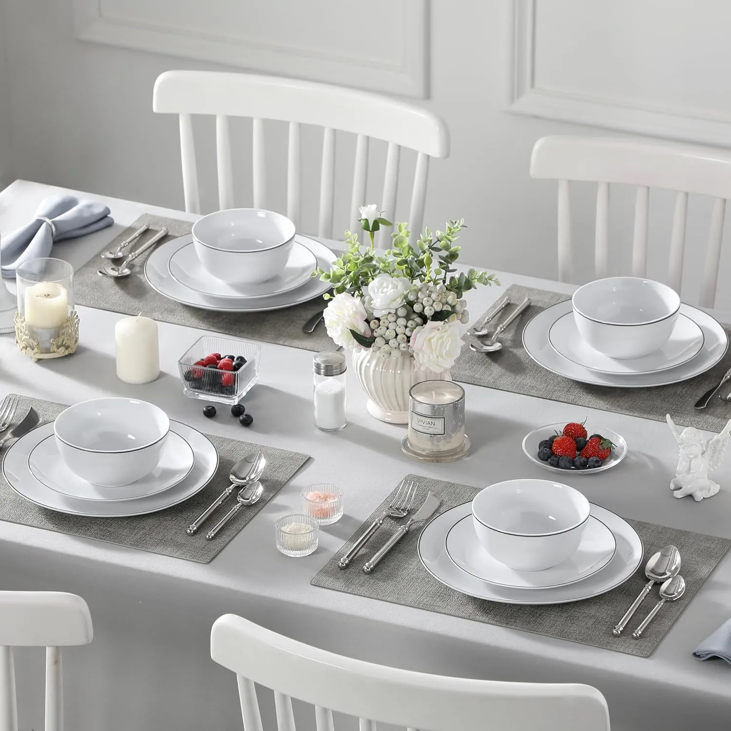 Modern White Porcelain Dinnerware Set with Black Rim