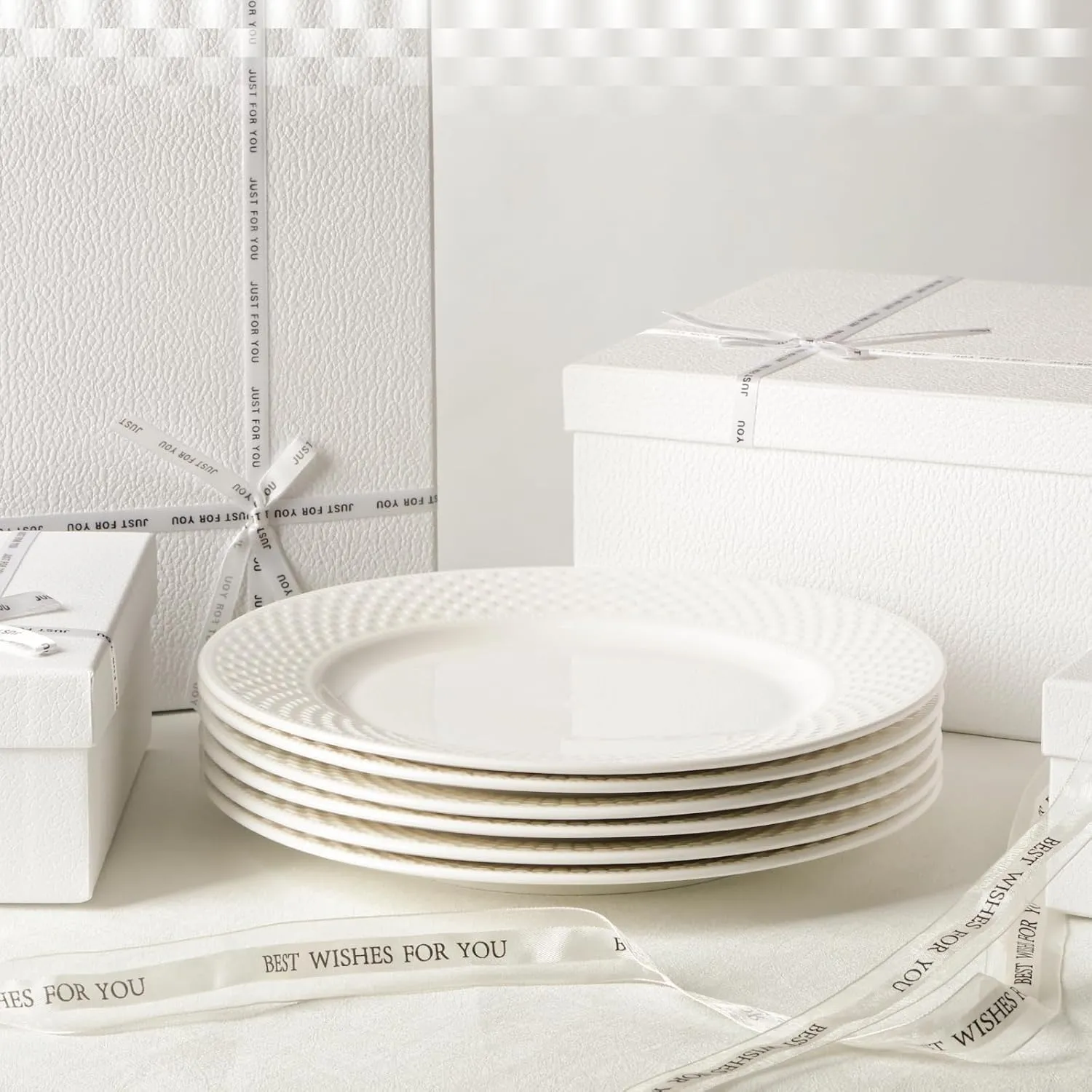 White Embossed Ceramic Dinner Plate