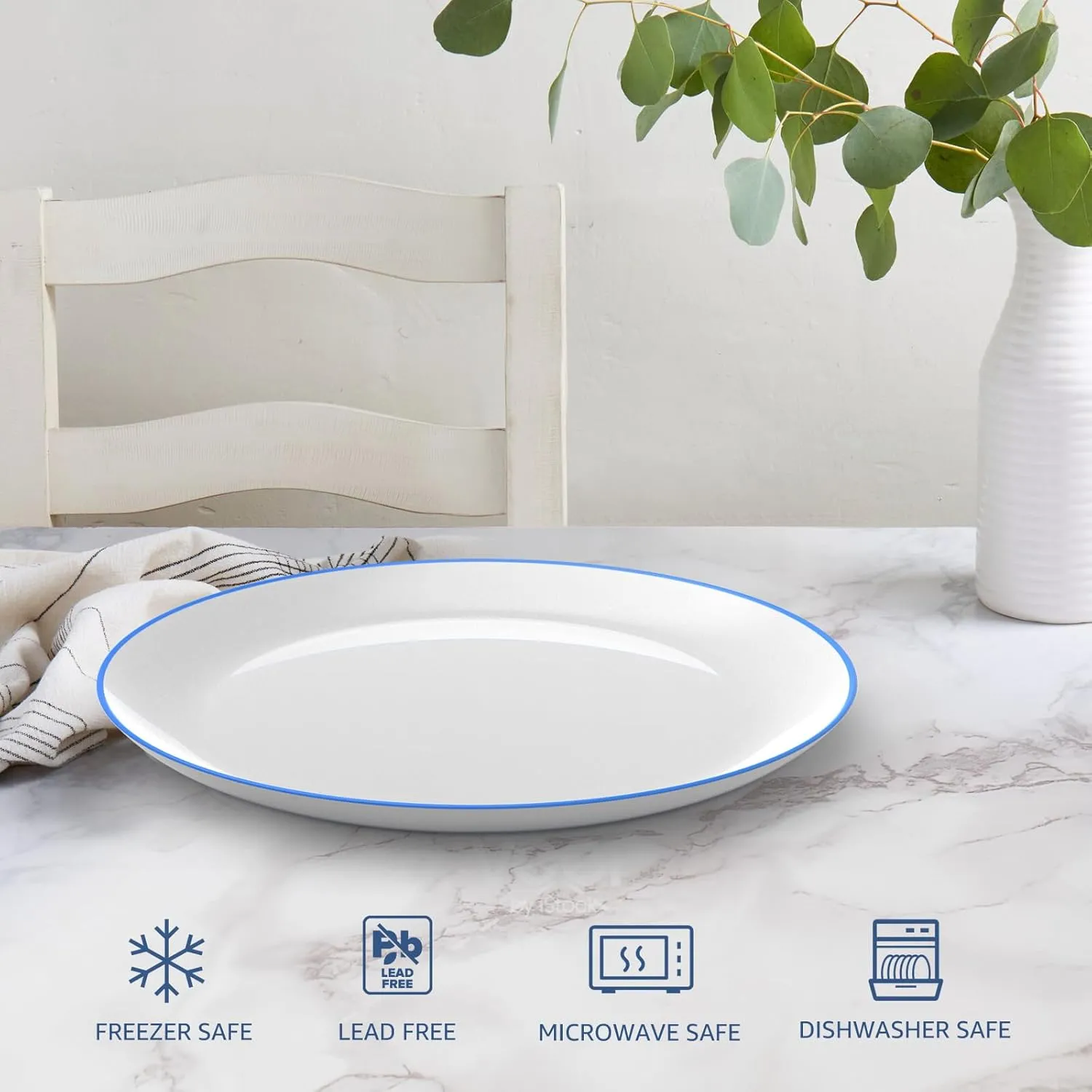 White Ceramic Dinner Plate With Blue Rim