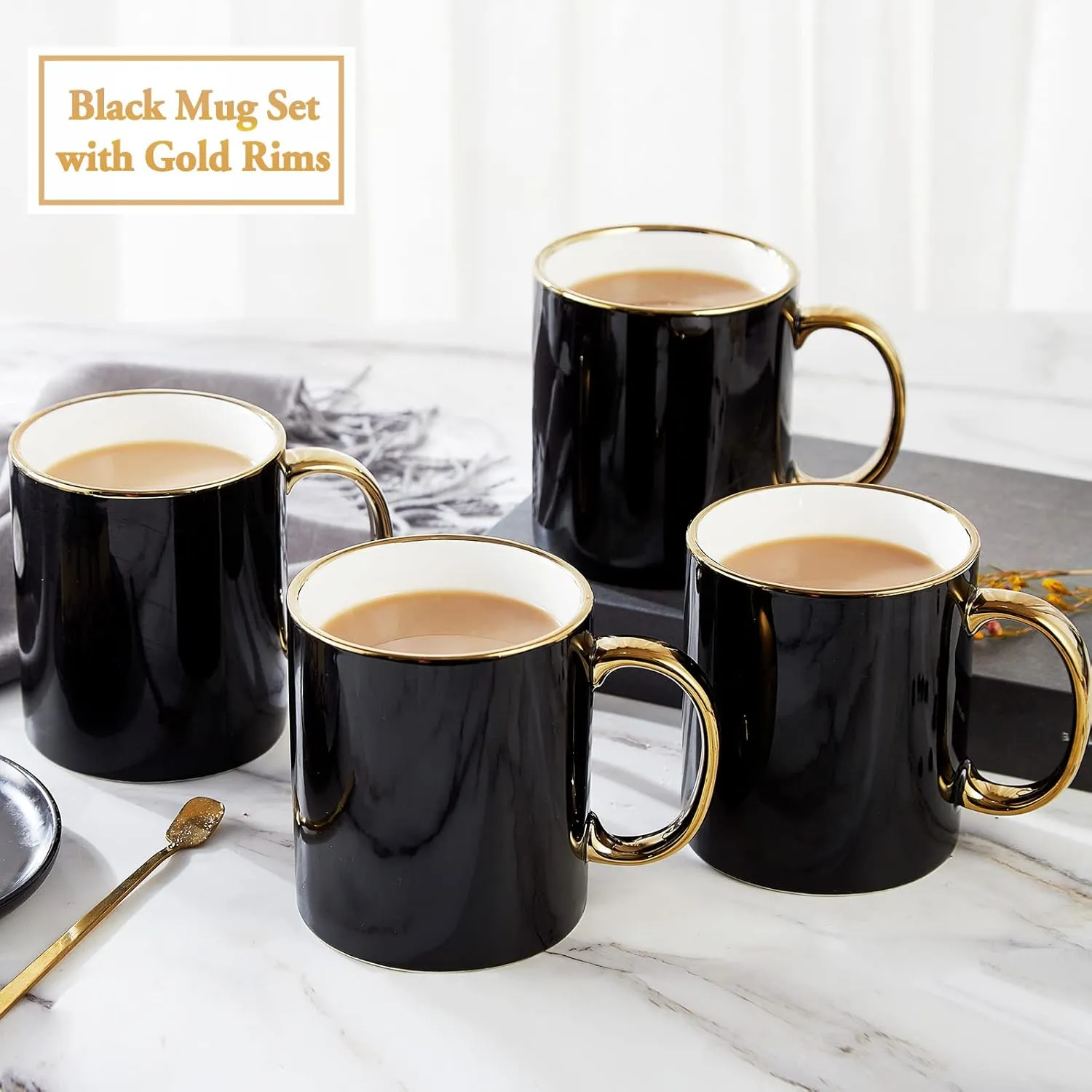 Black Coffee Mug with Handcrafted Golden Handle