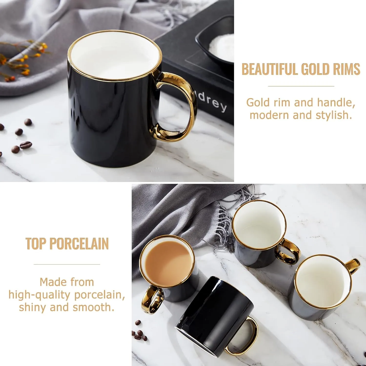 Black Coffee Mug with Handcrafted Golden Handle