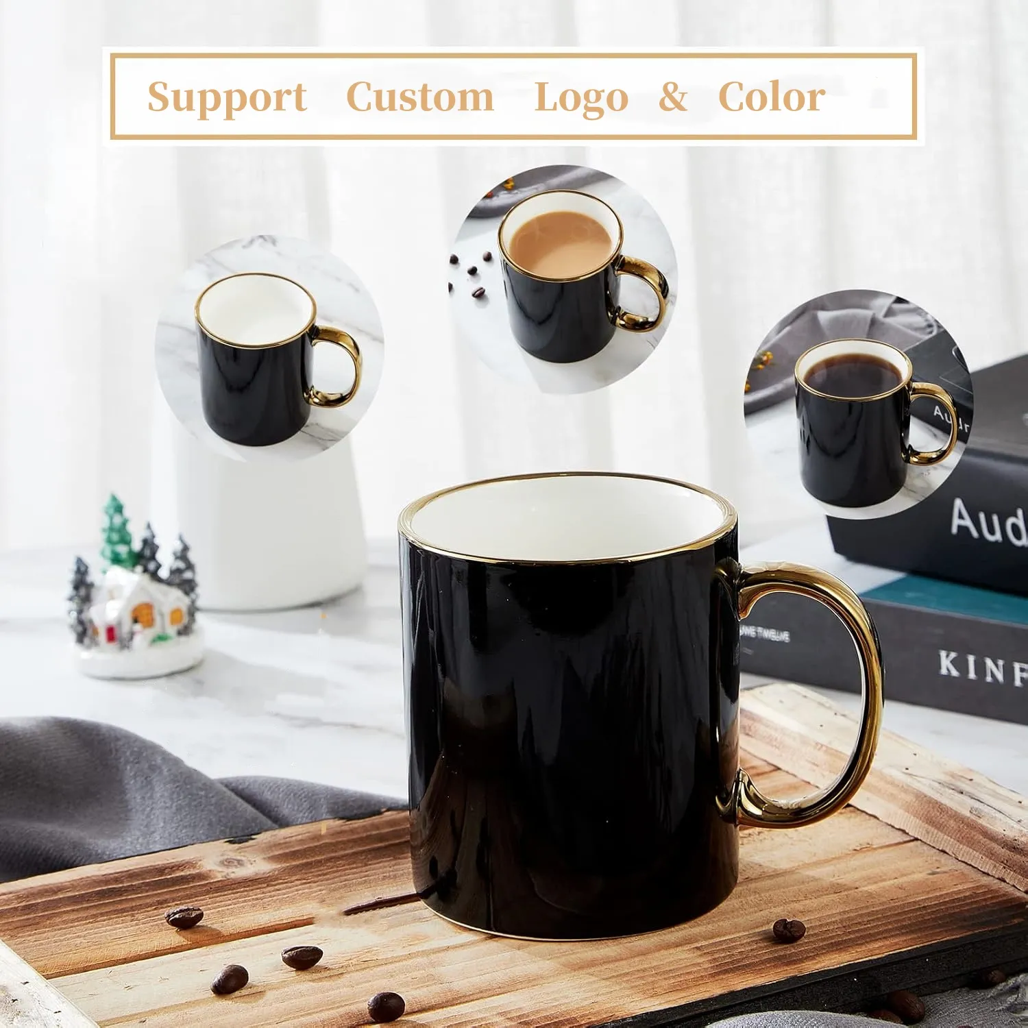 Black Coffee Mug with Handcrafted Golden Handle